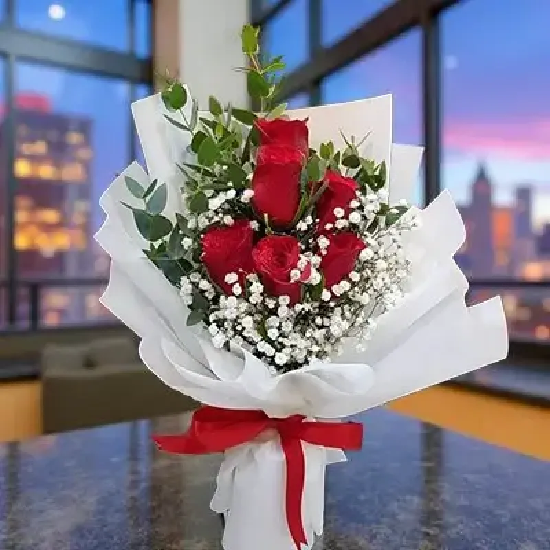 6 Imported Red Roses with Baby Breath