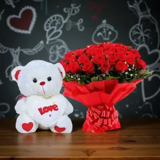 Teddy Bear with Red Roses Bouquet
