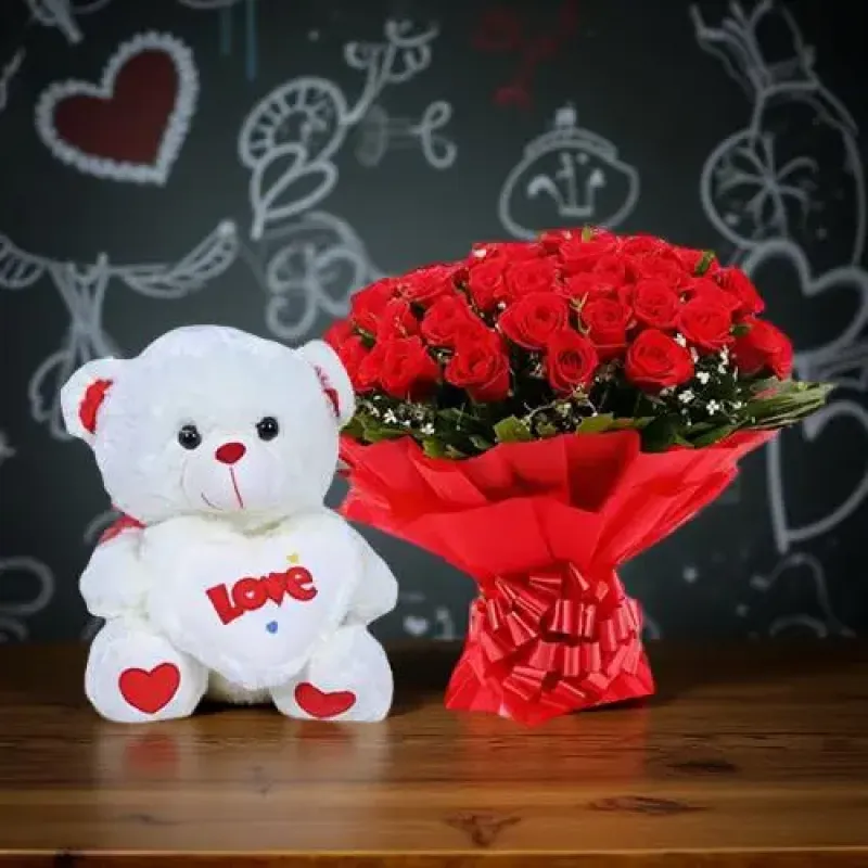 Teddy Bear with Red Roses Bouquet